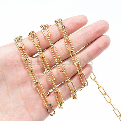 16ft/5m Rectangle Link Chain, Gold plated Stainless Steel, Unfinished Round Oval Cable Chain, Paper Clip Chain, Chunky Long Link Chain Bulk