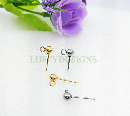 10pcs Ball Post Earring, Ball Stud Earring With Loop, 316L Stainless Steel Post, 18K Gold Plated, Earring Findings, 3mm /4mm /5mm /6mm /8mm