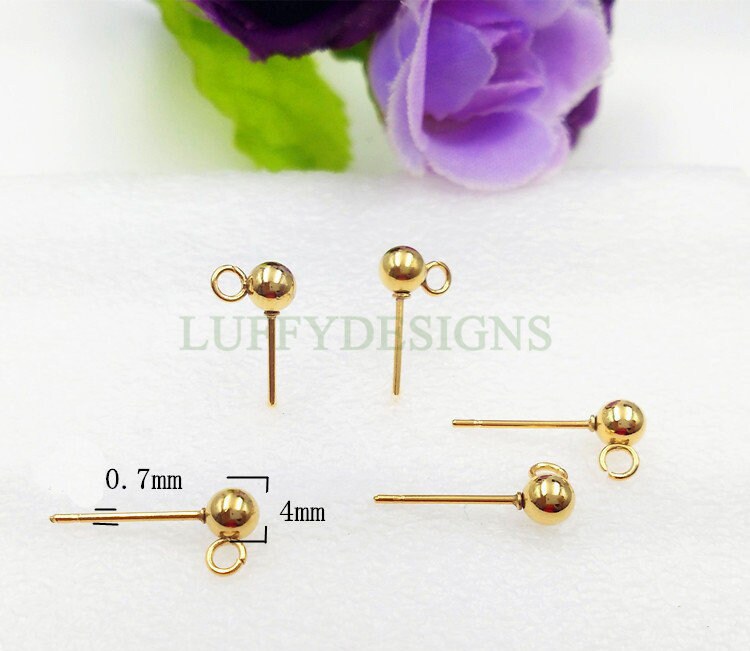 10pcs Ball Post Earring, Ball Stud Earring With Loop, 316L Stainless Steel Post, 18K Gold Plated, Earring Findings, 3mm /4mm /5mm /6mm /8mm