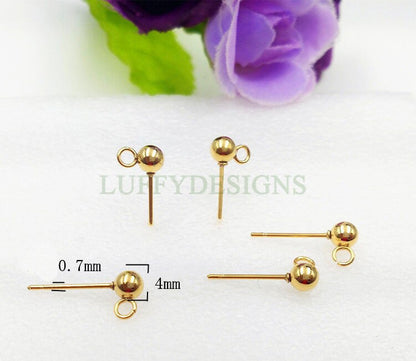 10pcs Ball Post Earring, Ball Stud Earring With Loop, 316L Stainless Steel Post, 18K Gold Plated, Earring Findings, 3mm /4mm /5mm /6mm /8mm