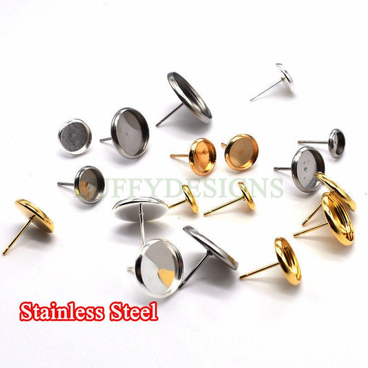 50pcs Earring Posts Studs, 316L Stainless Steel Ear Studs, Round Bezel Cabochon Base Setting, Earring Findings, Stud Supplies, 6-20mm