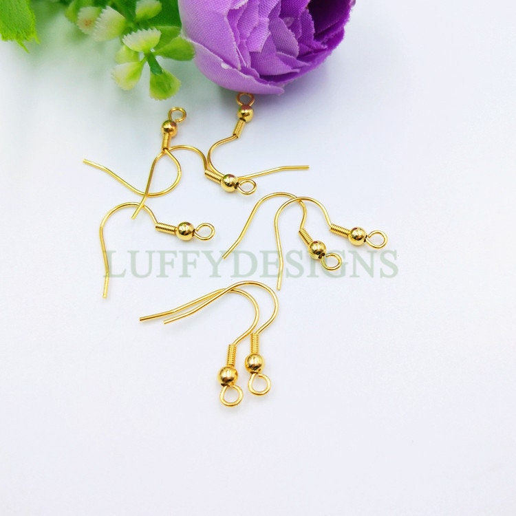 10pcs Gold Ear Wire Hooks, Ball and Coil Earring Hooks, Earring Findings, 316L Stainless Steel Hypo Allergenic French Hooks, Fish Hooks