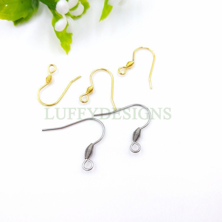 100pcs Gold Ear Wire Hooks, Coil Earring Hooks, Earring Findings, 316L Stainless Steel Hypo Allergenic French Hooks, Fish Hooks