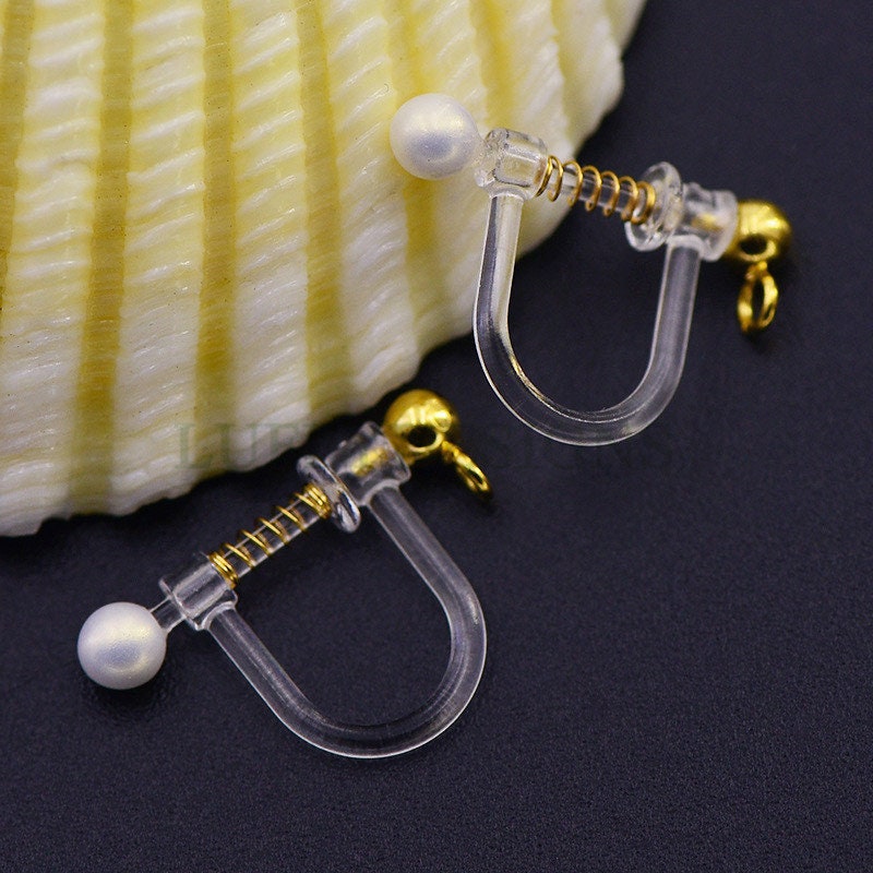 20pcs Invisible clip on earring converter, Resin earring clip with pearl, Non pierced dangle earrings clip findings, Spring clip earring