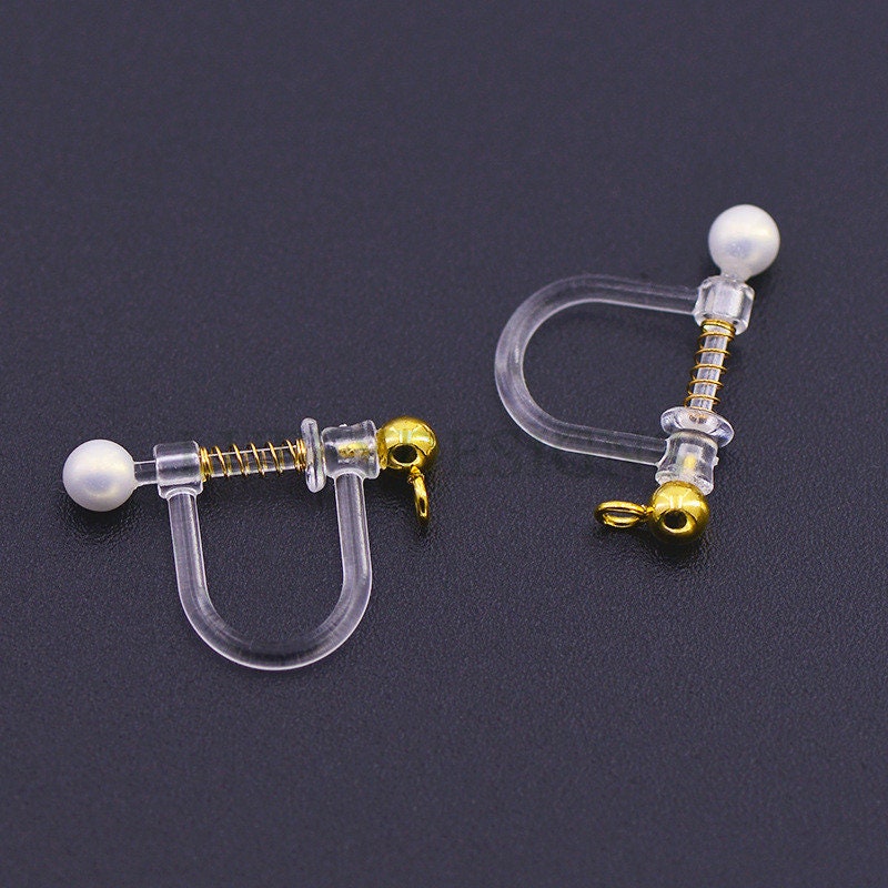 20pcs Invisible clip on earring converter, Resin earring clip with pearl, Non pierced dangle earrings clip findings, Spring clip earring