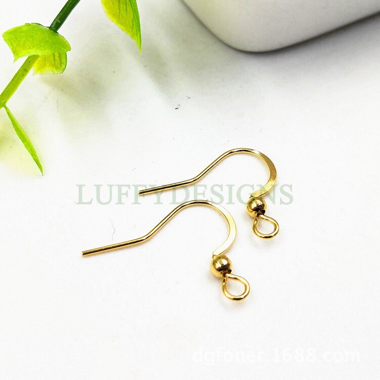 10pcs Gold Ear Wire Hooks, Ball Earring Hooks, Earring Findings, Gold plated 316L Stainless Steel, Hypo Allergenic French Hooks, Fish Hooks