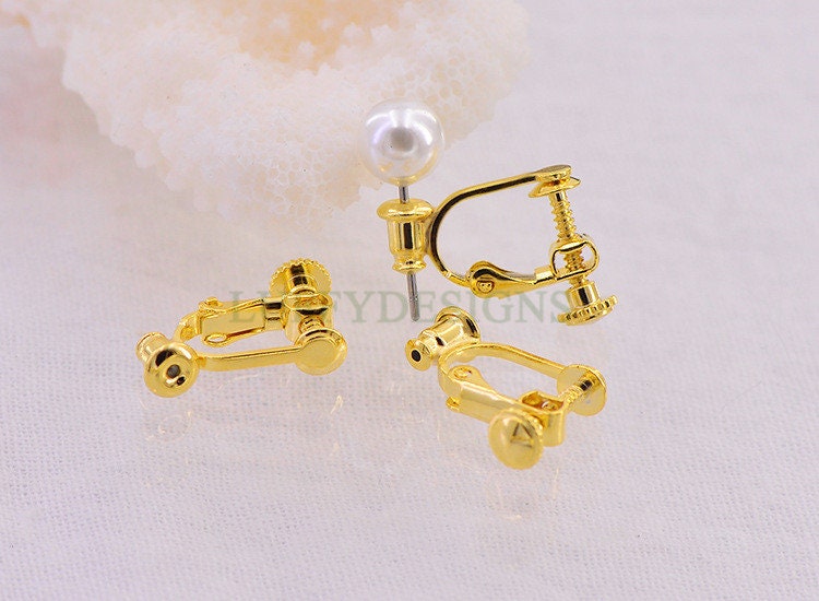 10pcs Screw Back Non Piercing Earrings, with Attached Ear Nuts at Bottom, Gold /Rhodium /Rose Gold /Silver plated Brass, Comfortable Fit