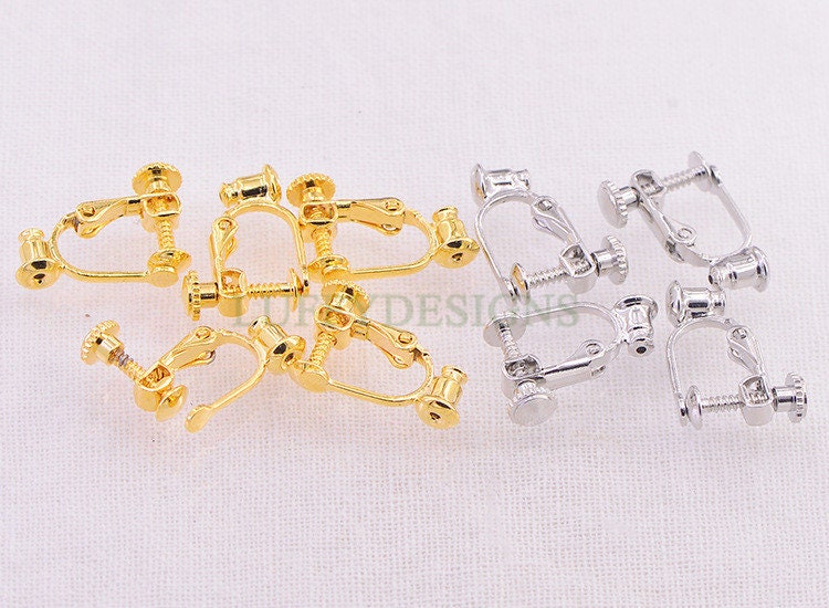 10pcs Screw Back Non Piercing Earrings, with Attached Ear Nuts at Bottom, Gold /Rhodium /Rose Gold /Silver plated Brass, Comfortable Fit