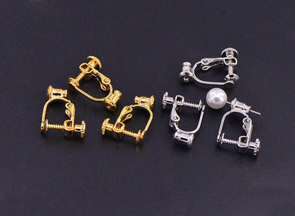 10pcs Screw Back Non Piercing Earrings, with Attached Ear Nuts at Bottom, Gold /Rhodium /Rose Gold /Silver plated Brass, Comfortable Fit