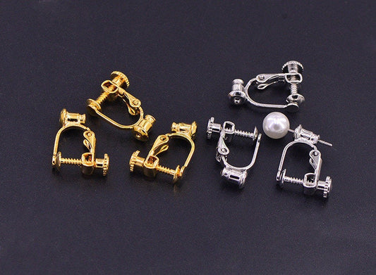 10pcs Screw Back Non Piercing Earrings, with Attached Ear Nuts at Bottom, Gold /Rhodium /Rose Gold /Silver plated Brass, Comfortable Fit