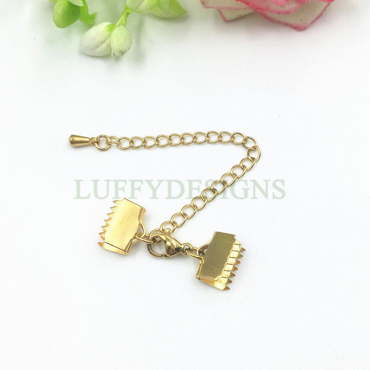 10 Pcs Ribbon Crimp Ends With Extended Chain And Lobster Clasp, 18K Gold plated 304 Stainless Steel, Fasteners Clasp, Gold Ribbon Clasp