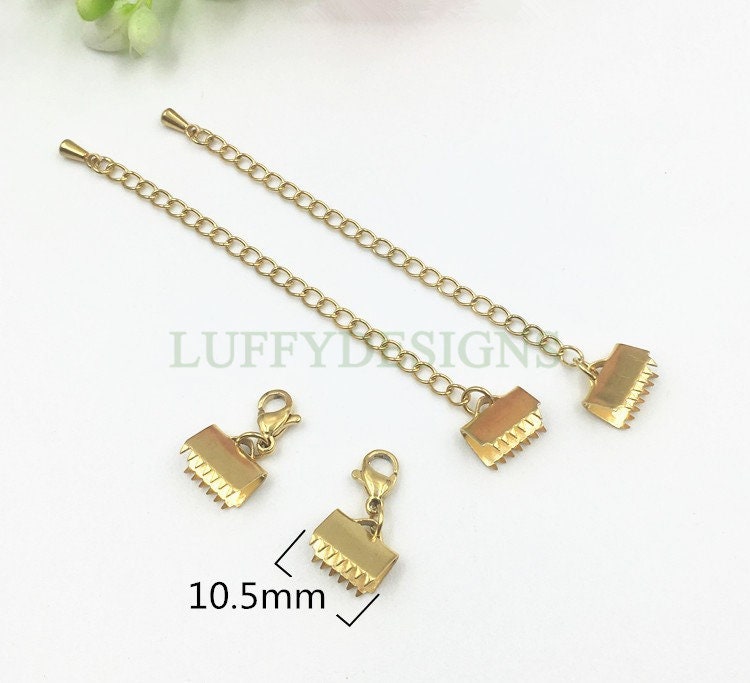 10 Pcs Ribbon Crimp Ends With Extended Chain And Lobster Clasp, 18K Gold plated 304 Stainless Steel, Fasteners Clasp, Gold Ribbon Clasp