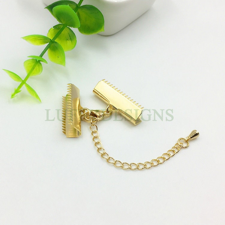 10 Pcs Ribbon Crimp Ends With Extended Chain And Lobster Clasp, 18K Gold plated 304 Stainless Steel, Fasteners Clasp, Gold Ribbon Clasp