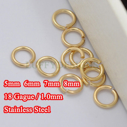 100pcs 1.0mm /18 Gauge, 18K Gold plated 304 Stainless Steel, 5mm /6mm /7mm /8mm Open Jump Rings, Link Connector, Split gold jump rings