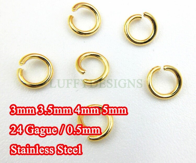 100pcs 0.5mm /24 Gauge, 18K Gold plated 304 Stainless Steel, 3mm /3.5mm /4mm /5mm Open Jump Rings, Link Connector, Split gold jump rings