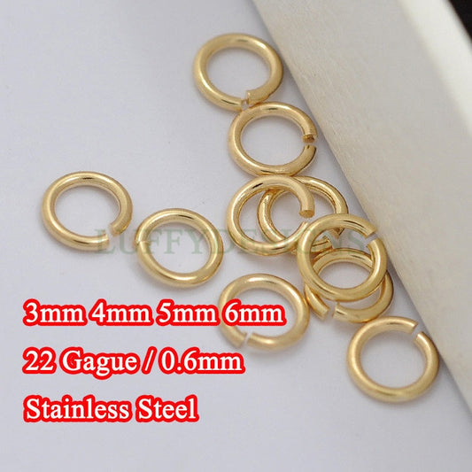 100pcs 0.6mm /22 Gauge, 18K Gold plated 304 Stainless Steel, 3mm /4mm /5mm /6mm Open Jump Rings, Link Connector, Split gold jump rings