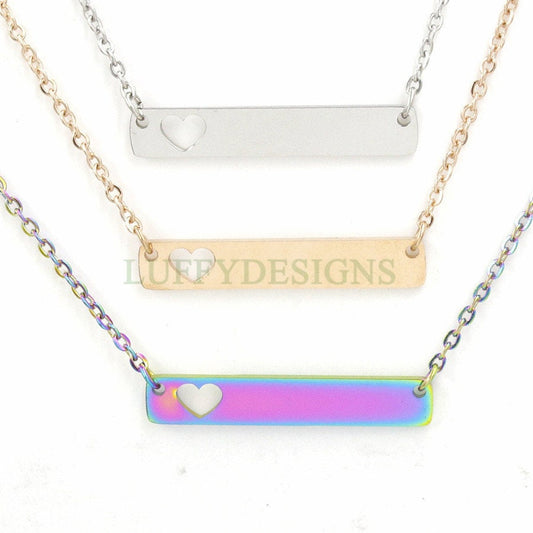 10pcs Blank bar necklace with hollow heart, bar necklace supplies, Gold /Rose Gold stainless steel blanks, Hand stamping bar necklace