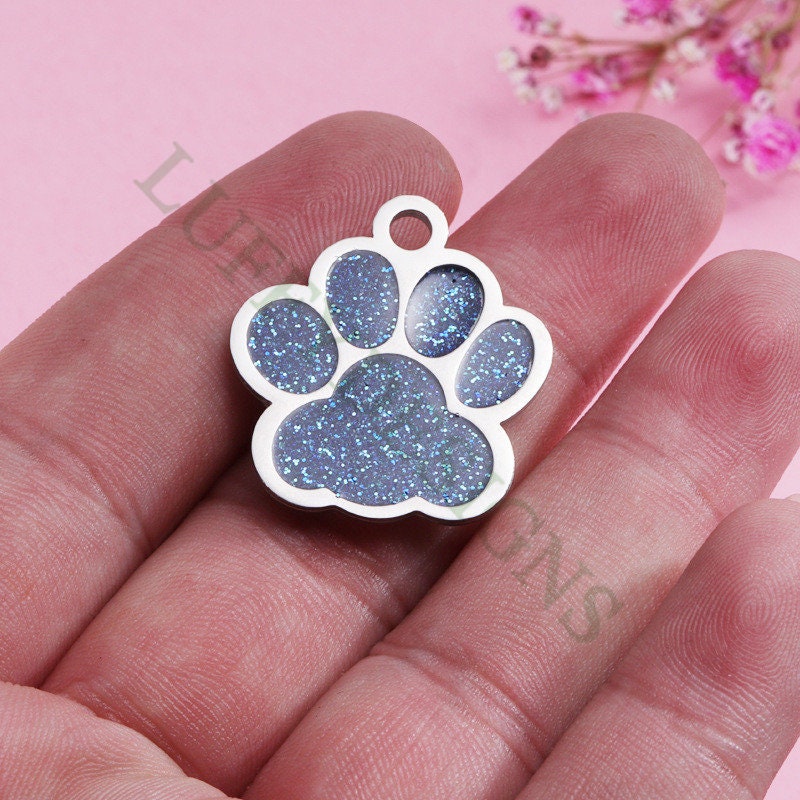 5pcs Paw Print of Dog Charms, Stainless Steel with Flash Powder/CZ, Metal Charms, Jewelry Making Supplies, Blue Paw Print of Dog Pendants