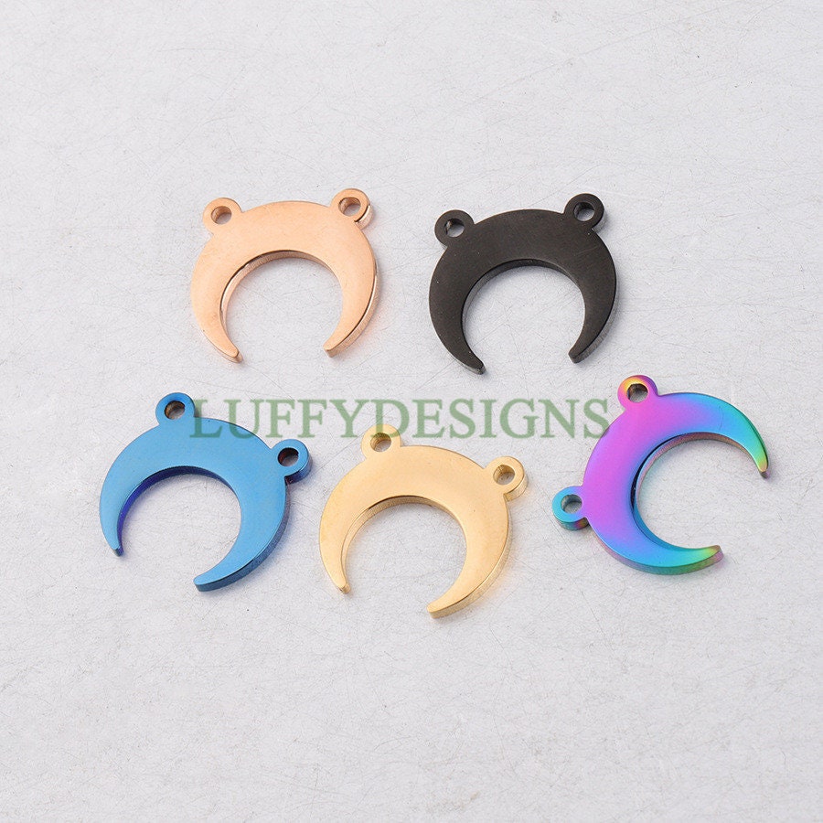 10pcs Crescent Moon Charms, Gold Moon Pendant, 18K Gold/ Rose Gold plated Stainss Steel, 1 Loop and 2 Loops