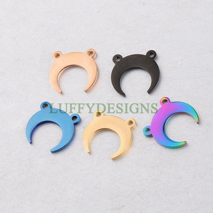 10pcs Crescent Moon Charms, Gold Moon Pendant, 18K Gold/ Rose Gold plated Stainss Steel, 1 Loop and 2 Loops