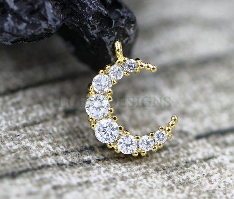 5pcs CZ Crescent Moon Charms, CZ Pave Charms, Tiny Gold Moon Pendant, CZ Jewelry Pendant, Cubic Zirconia Moon Charms, 24K Gold plated Brass