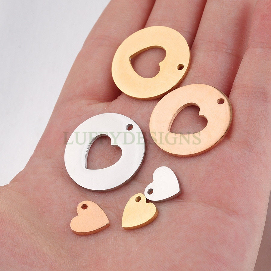 10pcs Heart Charm, Love Charm, Gold /Rose Gold plating Stainless Steel, Gold Hollow Heart Pendant, Mirror Polished Heart Charm, Love Pendant