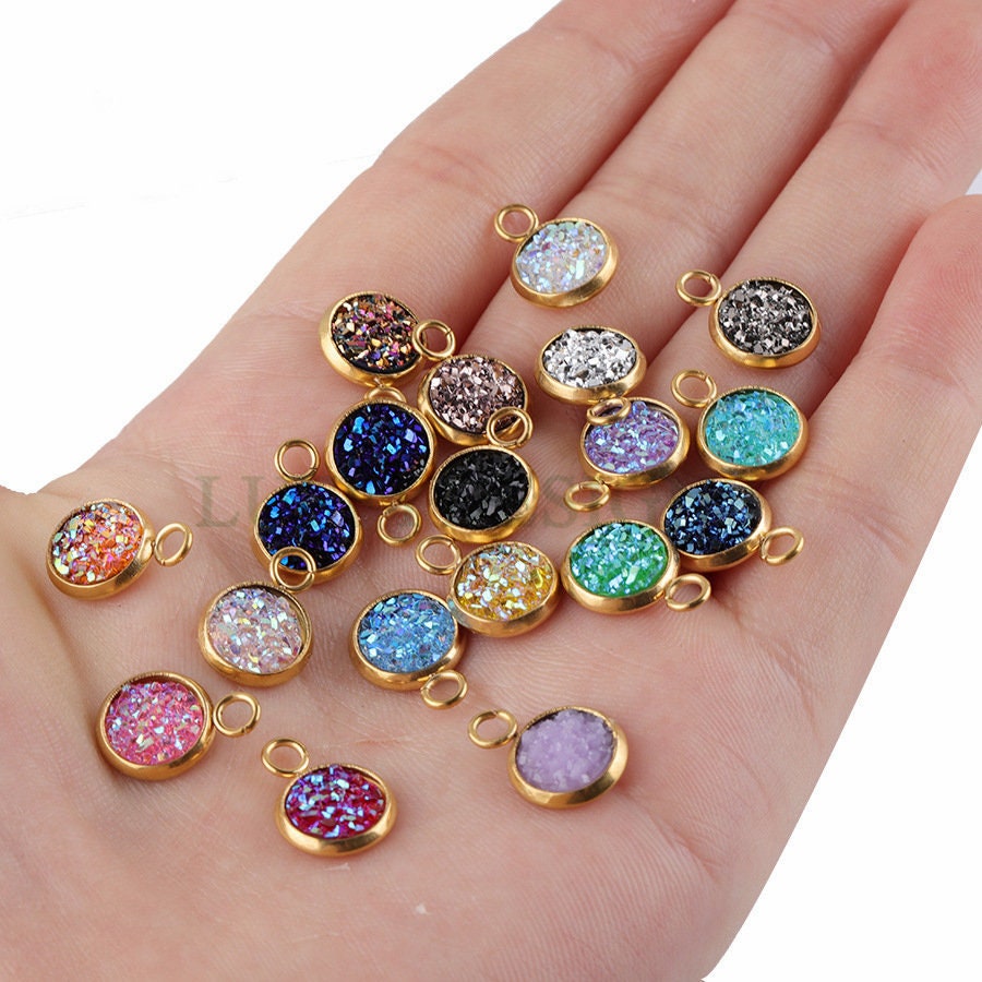 20pcs 8mm Druzy Charms, Gold Druzy Pendants, Round Stainless Steel Pendants, Faux Drusy DIY Findings, Drusy Jewelry, Druzy Earring Dangles