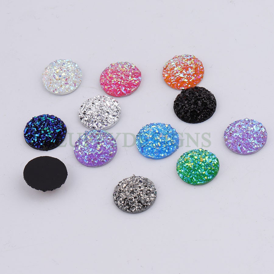 100pcs 14mm Round Druzy Cabochon, Faux Drusy Cabochons, Earring Findings Setting, Bulk Druzy Supplies, Druzy Stone for Stud Earring Making