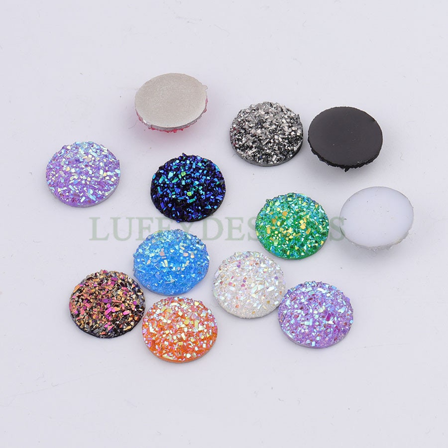 100pcs 14mm Round Druzy Cabochon, Faux Drusy Cabochons, Earring Findings Setting, Bulk Druzy Supplies, Druzy Stone for Stud Earring Making