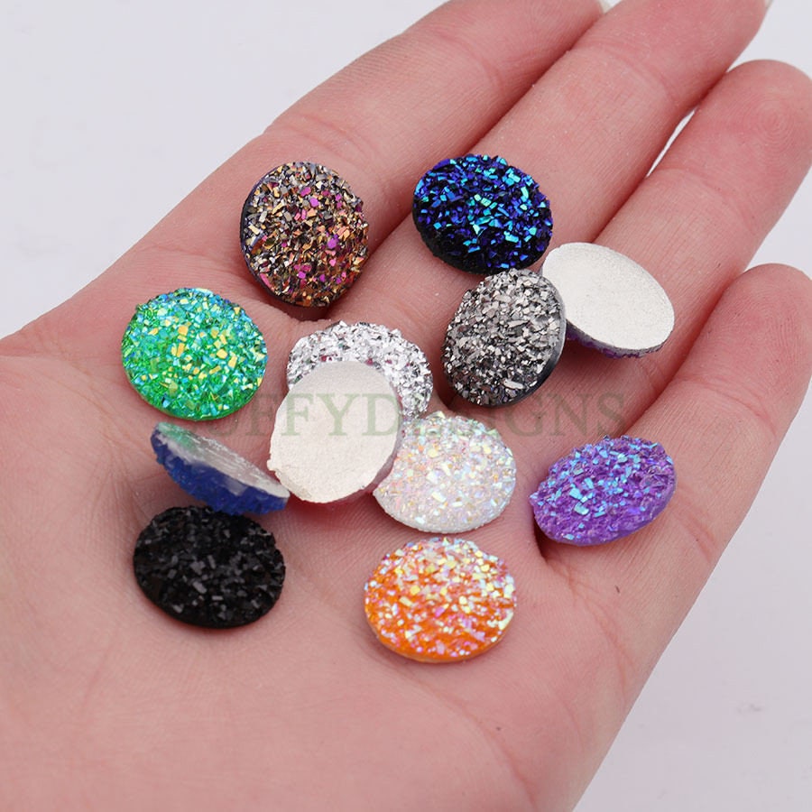 100pcs 14mm Round Druzy Cabochon, Faux Drusy Cabochons, Earring Findings Setting, Bulk Druzy Supplies, Druzy Stone for Stud Earring Making