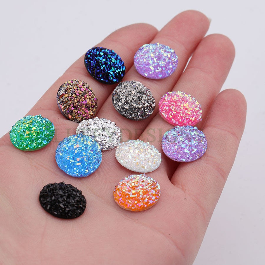 100pcs 14mm Round Druzy Cabochon, Faux Drusy Cabochons, Earring Findings Setting, Bulk Druzy Supplies, Druzy Stone for Stud Earring Making