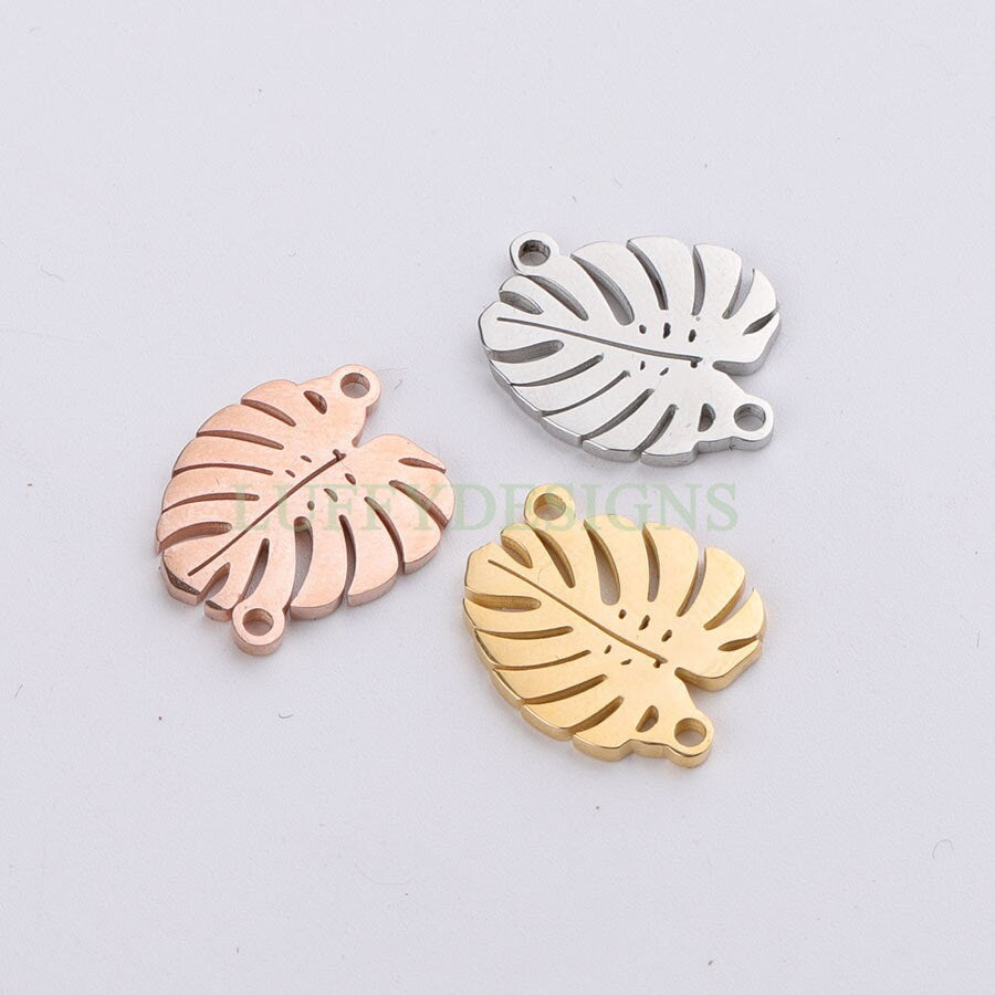 10pcs 14x16mm Stainless Steel Leaf Charm Pendants, Leaf Pendants, Leaf Pendant Links, Double Holes Leaf Supplies, Jewelry Findings