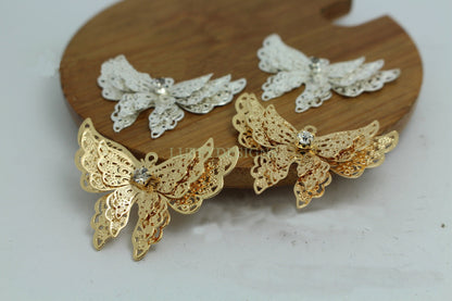 5pcs Butterfly Charm, 3D Butterfly Pendant, 24K Gold /Silver plated Brass, Gold Butterfly Pendant, Hollow Butterfly, Filigree Jewelry Supply