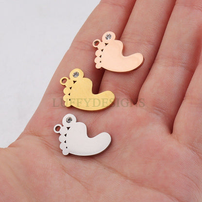 10pcs CZ Footprint Charm, Baby Feet Pendant, New Baby Charm, 316L Stainless Steel, Cubic Zirconia Baby Footprint Pendant, Baby Shower