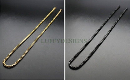 5pcs Finished Round Box Chains, Square Rolo Chain Necklace, 18k Gold /Black plated 316L Stainless Steel, Men's Chains, Men's Necklace
