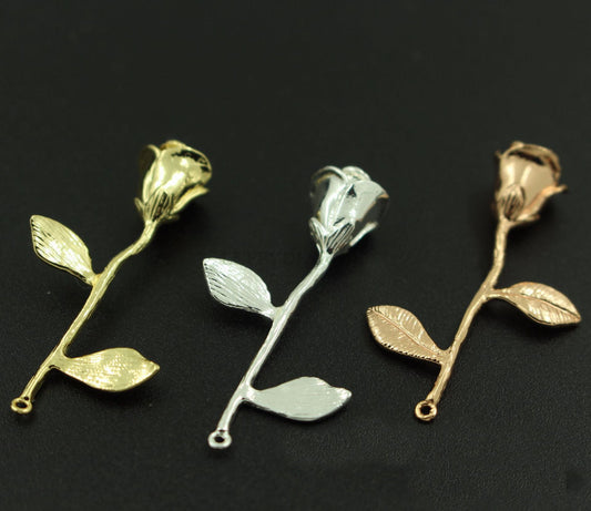 5pcs Rose Charm, 3D Rose Pendant, 24K Gold /Rose gold /Silver plated Brass, Rose Necklace, Gold Rose Pendant, Filigree Jewelry Making Supply
