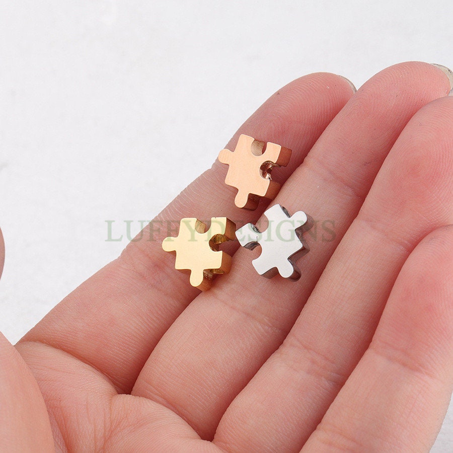 10pcs Autism Awareness Charms, Puzzle Piece Charms, 18K Gold/Rose Gold plated Stainless Steel, Autism Research Findings, Autism Puzzle Beads