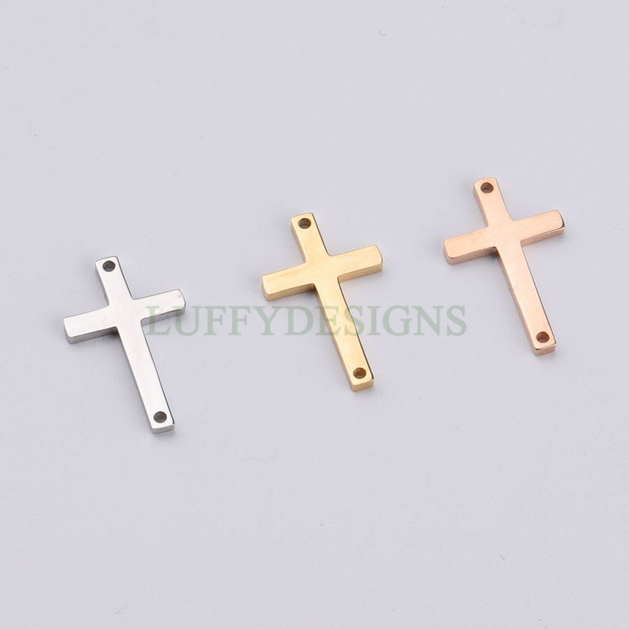 10pcs Cross Charms with Double Hole, Gold/ Rose Gold Steel Cross, Jewelry Making Supplies, Jesus Charm, Christian Charm, Catholic Charm