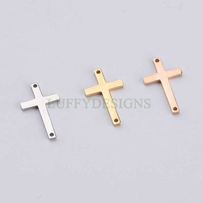 10pcs Cross Charms with Double Hole, Gold/ Rose Gold Steel Cross, Jewelry Making Supplies, Jesus Charm, Christian Charm, Catholic Charm