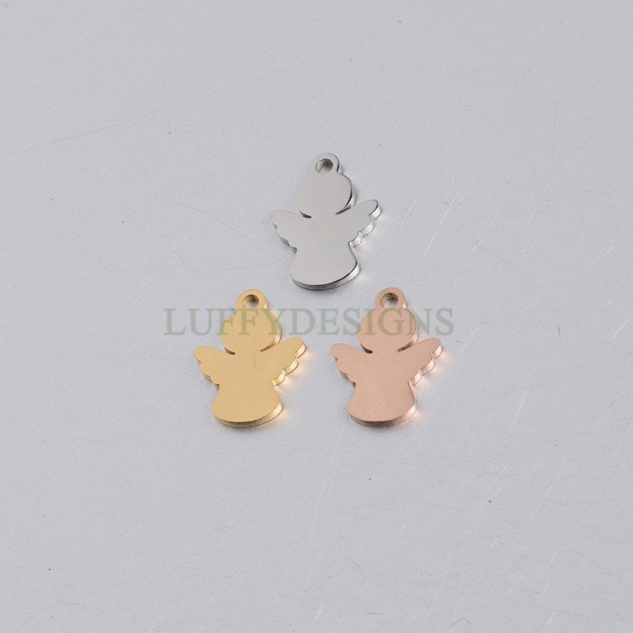 10pcs Angel Charm, Angel Wings Charm, Gold Angel Pendant, 18K Gold plated Stainless Steel, Metal Charms, Mirror Polished Angel Findings