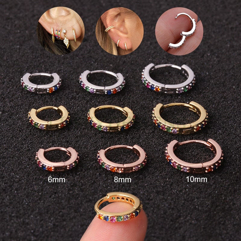 6pcs Clicker Ring Hoops, CZ Round Circle Ring Hoop Earrings, Colorful Zircon Piercing Earring, Lip Ring, Nose Ring, Gold Ear Hoops Findings