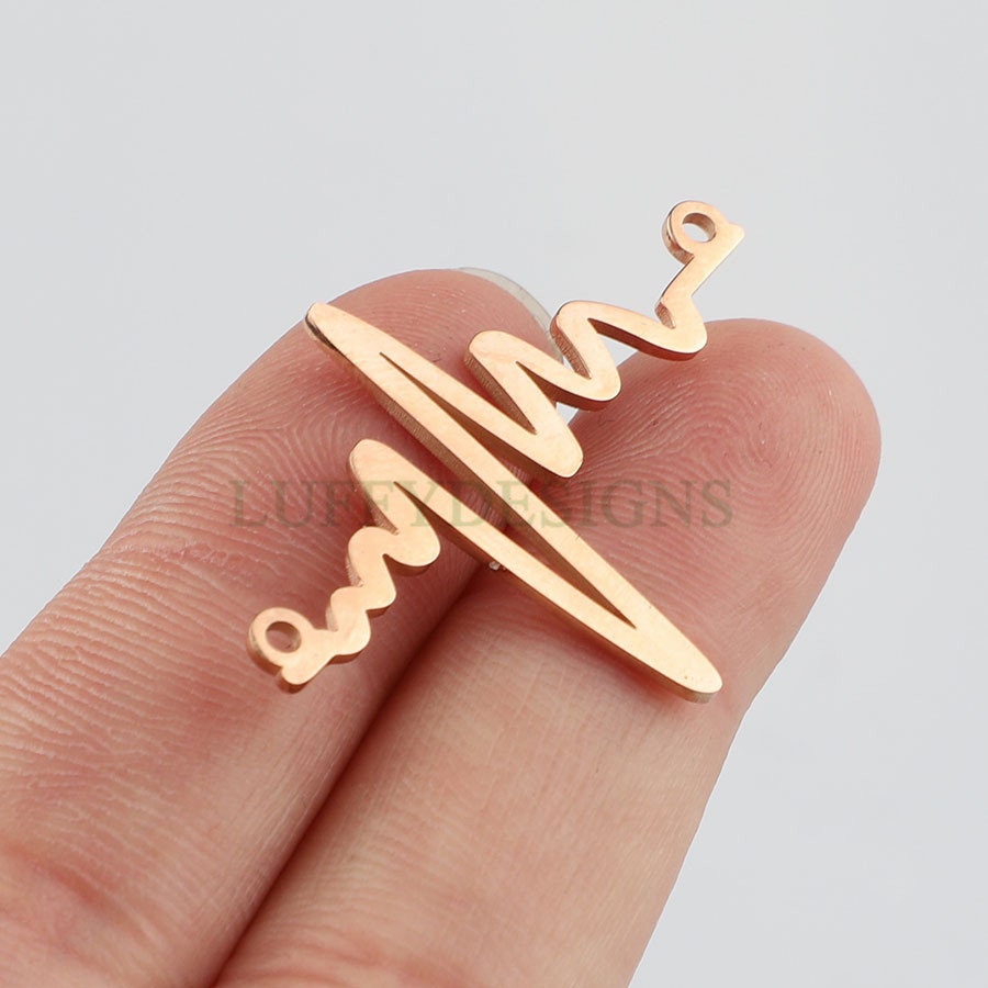 10pcs Heartbeat Charms, Gold/ Rose Gold Steel Findings, ECG Heartbeat Charm Pendant, Heartbeat Connector, Doctor/ Nurse Paramedic EMT charm