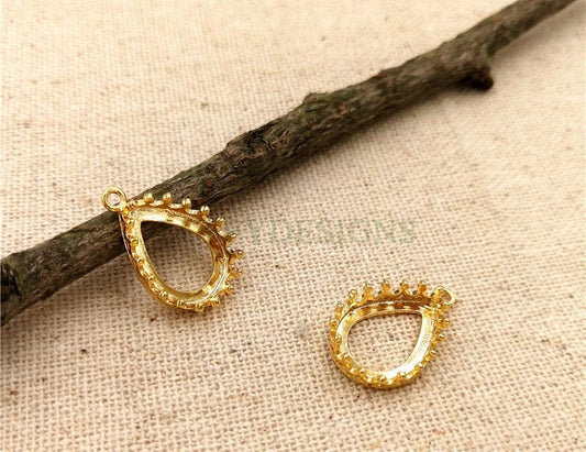 10pcs Teardrop Crown Bezel Cup 10x14mm, Silver /24K Gold plated Brass, Blank Bezel Base Setting, Gemstone Pendant Trays, Cabochon Base
