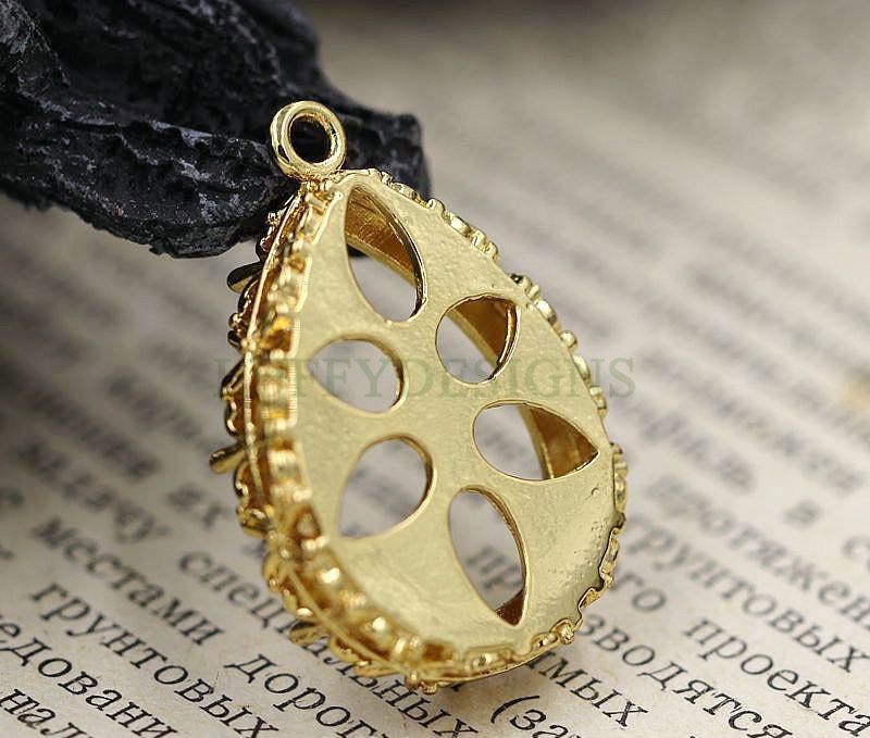 10pcs Teardrop Crown Bezel Cup 18x25mm, Silver /24K Gold plated Brass, Blank Bezel Base Setting, Gemstone Pendant Trays, Cabochon Base