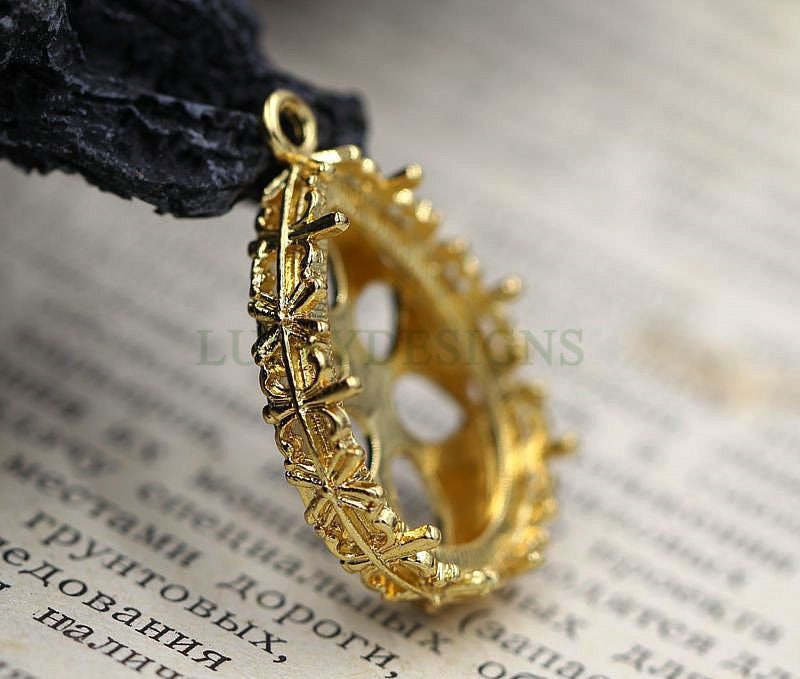 10pcs Teardrop Crown Bezel Cup 18x25mm, Silver /24K Gold plated Brass, Blank Bezel Base Setting, Gemstone Pendant Trays, Cabochon Base