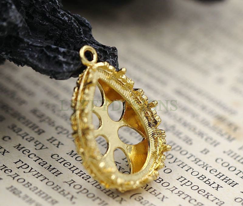 10pcs Teardrop Crown Bezel Cup 18x25mm, Silver /24K Gold plated Brass, Blank Bezel Base Setting, Gemstone Pendant Trays, Cabochon Base
