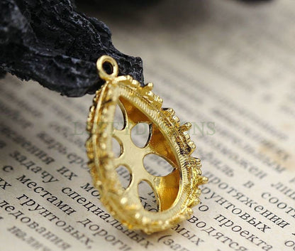 10pcs Teardrop Crown Bezel Cup 18x25mm, Silver /24K Gold plated Brass, Blank Bezel Base Setting, Gemstone Pendant Trays, Cabochon Base