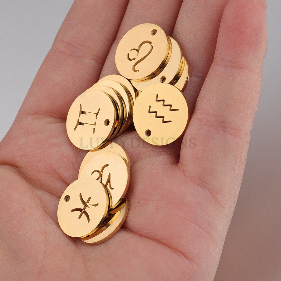 5pcs Round Zodiac Symbol Constellation Charm, Gold plated Stainless Steel, Gold Zodiac Pendant, Constellation Pendant, Mirror Polished,15mm