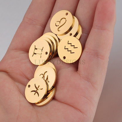 5pcs Round Zodiac Symbol Constellation Charm, Gold plated Stainless Steel, Gold Zodiac Pendant, Constellation Pendant, Mirror Polished,15mm