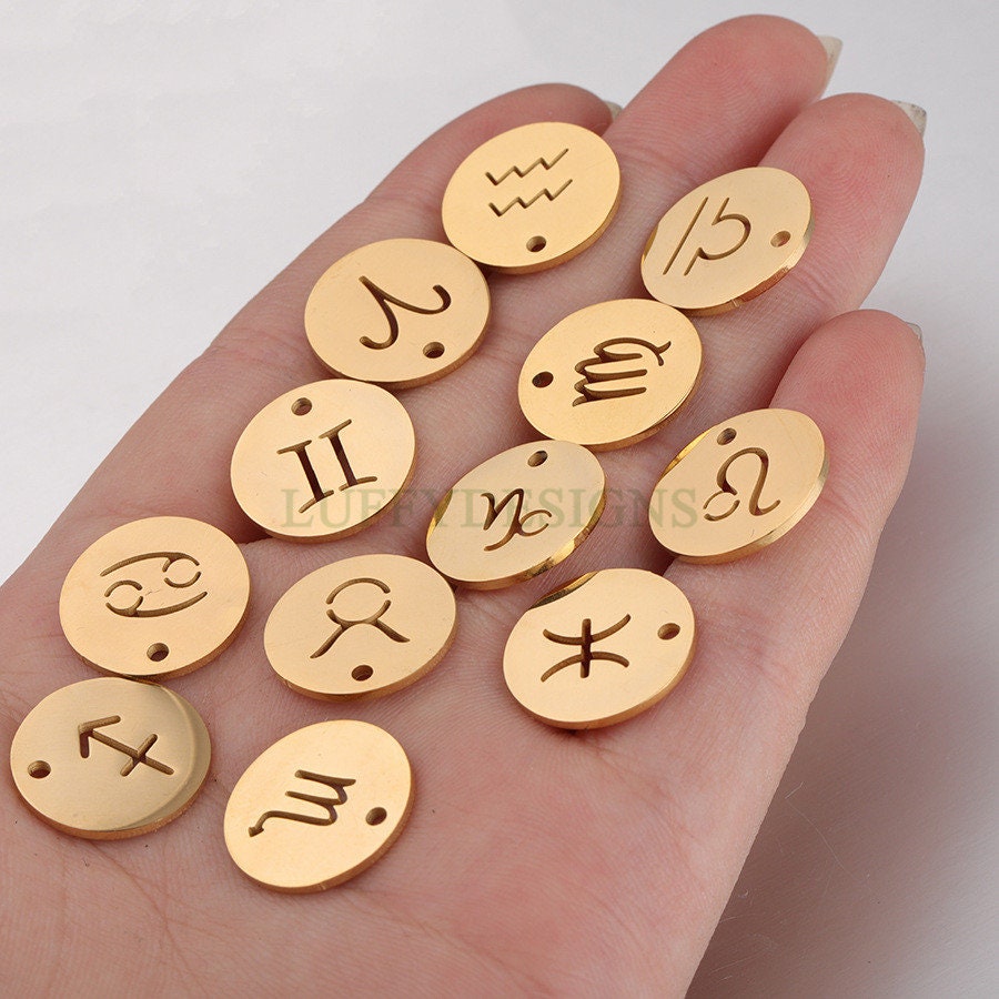 5pcs Round Zodiac Symbol Constellation Charm, Gold plated Stainless Steel, Gold Zodiac Pendant, Constellation Pendant, Mirror Polished,15mm